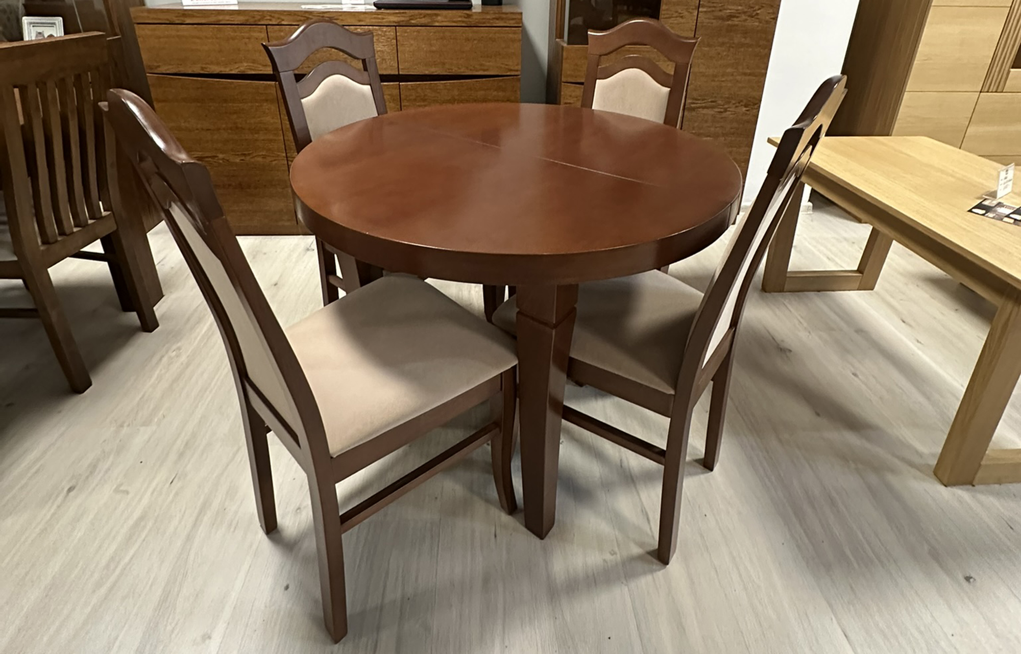 Stół klasyczny okrągły Ø100cm+2x40cm + zestaw krzeseł